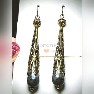 Handmade Antique Brass & Czech Glass Teardrop Dangle Earrings NWT